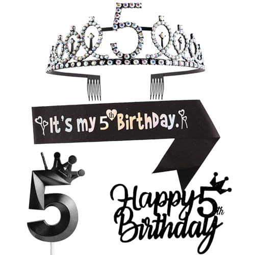 5. Geburtstag Dekorationen für Mädchen, einschließlich 5. Geburtstag Krone Tiara Schärpe, Happy Birthday Cake Toppers und Zahl 5 Kerzen, Schwarz Geburtstag Party Supplies 5 Jahre altes Mädchen von Yiran