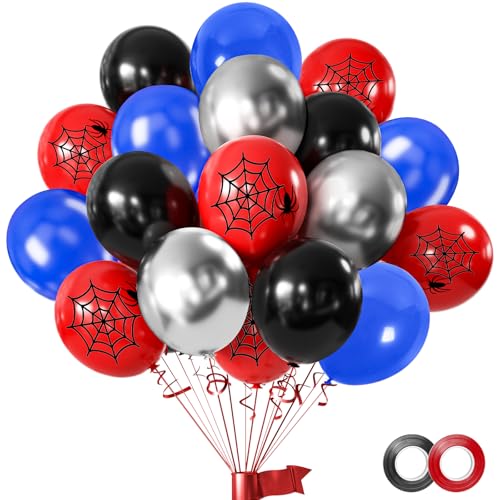 50 Stück rot-blau-schwarze Ballon-Set, 30,5 cm, Happy Birthday-Latex-Ballon, rot-blau-schwarze Luftballons mit metallischem Silberballon für Jungen und Mädchen, Spinnen-Thema, von Yiran