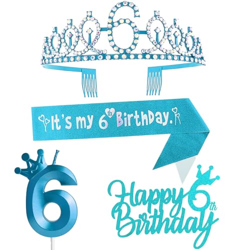 6. Geburtstag Dekorationen für Mädchen einschließlich 6. Geburtstag Krone Tiara Schärpe Happy Birthday Kuchen Topper und Zahl 6 Kerzen Blau Geburtstag Party Supplies 6 Jahre alt Mädchen von Yiran