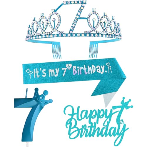 7. Geburtstag Dekorationen für Mädchen, einschließlich 7. Geburtstag Krone Tiara Schärpe, Happy Birthday Cake Toppers und Zahl 7 Kerzen, Blau Geburtstag Party Supplies 7 Jahre alt Mädchen von Yiran