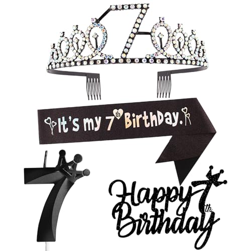 7. Geburtstag Dekorationen für Mädchen, einschließlich 7. Geburtstag Krone Tiara Schärpe, Happy Birthday Cake Toppers und Zahl 7 Kerzen, Schwarz Geburtstag Party Supplies 7 Jahre alt Mädchen von Yiran