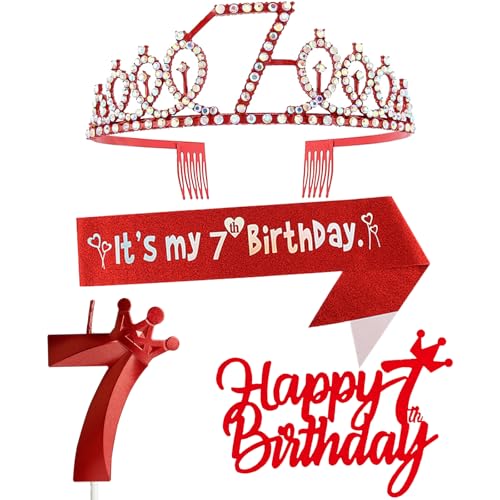 7. Geburtstag Dekorationen für Mädchen, einschließlich 7. Geburtstag Krone Tiara Schärpe Happy Birthday Kuchen Topper und Zahl 7 Kerzen, Rot Geburtstag Party Supplies 7 Jahre alt Mädchen von Yiran