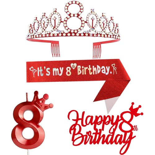 8. Geburtstag Dekorationen für Mädchen, einschließlich 8. Geburtstag Krone Tiara, Schärpe, Happy Birthday Cake Toppers und Zahl 8 Kerzen, Rot Geburtstag Party Supplies 8 Jahre altes Mädchen von Yiran