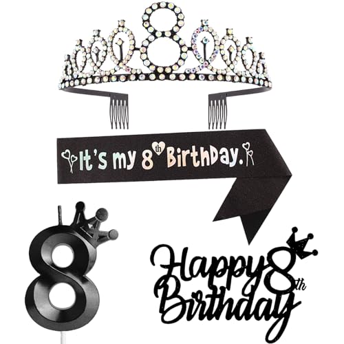 8. Geburtstag Dekorationen für Mädchen, einschließlich 8. Geburtstag Krone Tiara Schärpe, Happy Birthday Cake Toppers und Zahl 8 Kerzen, Schwarz Geburtstag Party Supplies 8 Jahre altes Mädchen von Yiran