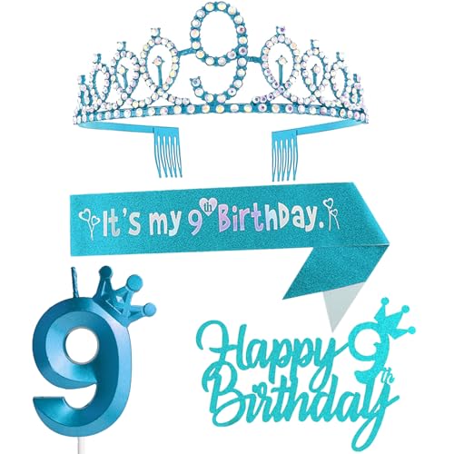 9 Geburtstag Dekorationen für Mädchen, einschließlich 9 Geburtstag Krone Tiara Schärpe Happy Birthday Kuchen Topper und Zahl 9 Kerzen, Blau Geburtstag Party Supplies 9 Jahre alt Mädchen von Yiran