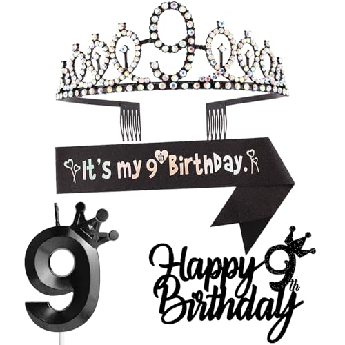 9 Geburtstag Dekorationen für Mädchen, einschließlich 9 Geburtstag Krone Tiara Schärpe Happy Birthday Kuchen Topper und Zahl 9 Kerzen, Schwarz Geburtstag Party Supplies 9 Jahre alt Mädchen von Yiran