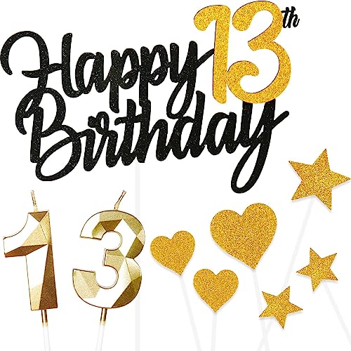 Kuchen Deko 13 Geburtstag Mädchen Jungen,Happy 13th Birthday Schwarz Gold Cake Topper with 3D Geburtstag Kerzen Nummer 13 Jungen für Mädchen Mann Frau Geburtstag Cake Dekoration (9 Stück) von Yiran