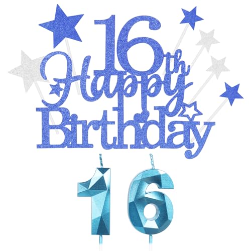 Kuchen Deko 16 Geburtstag Mädchen Jungen,Happy 16th Birthday Blau Cake Topper with 3D Geburtstag Kerzen Nummer 16,Geburtstag Cake für Teenager Junge Party Decoration (9 Stück) von Yiran