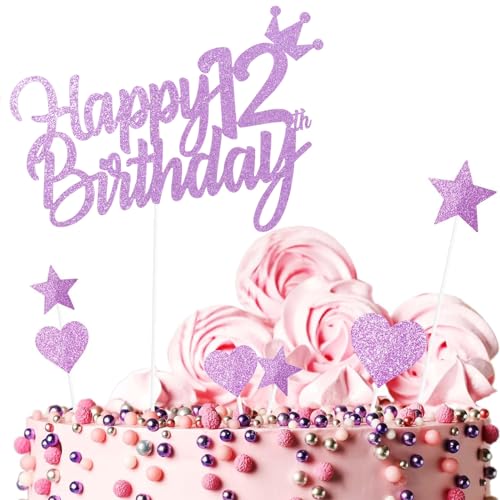 Yiran 7Stück Happy 12th Birthday Cake Topper Kuchendeko Dekoration. Doppelseitig Geburtstag Mädchen Rosa Tortendeko 12 Geburtstag Mit Herz Stern Glitter Cake Topper für 12 Geburtsta von Yiran