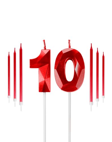 Rote 10. Geburtstag Kerzen Set, Nummer 10 Kerze mit roten langen Kerzen, Geburtstagskerzen für Kuchen, Geburtstagskerze, Kuchenkerzen Cake Topper Dekorationen für Jungen Mädchen Männer Frauen von Yiran
