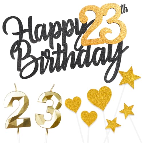 Tortenaufsatz zum 23. Geburtstag, personalisierbar, mit goldener Zahl 23, Geburtstagskerzen, Herz-Sarts, Cupcake-Topper, Kuchendekorationsset für Mädchen, Jungen, Kinder, 23. Geburtstag, Jahrestag, 9 von Yiran