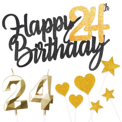 Tortenaufsatz zum 24. Geburtstag, personalisierbar, mit goldener Zahl 24, Geburtstagskerzen, Herz-Sarts, Cupcake-Topper, Kuchendekorationsset für Mädchen, Jungen, Kinder, 24. Geburtstag, Jahrestag, 9 von Yiran