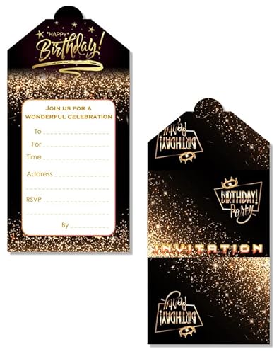 Yiran 16x Schwarzes Gold Einladungskarten für Party und Geburtstag - die Karten im Glitzer Sternenhimmel Design sind die EINLADUNG für Männer Frauen Jungen Mädchen zum Geburtstage und Partys von Yiran