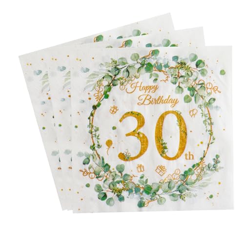 Yiran 20 Servietten Herzen um Eukalyptus weiß goldene, 30 Geburtstag Mann Frau Tischdeko Eukalyptus Papierservietten Anniversary Deko,33x33cm Happy Birthday Servietten, Tischdekoration von Yiran