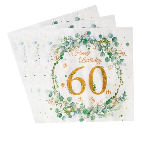 Yiran 20 Servietten Herzen um Eukalyptus weiß goldene, 60 Geburtstag Mann Frau Tischdeko Eukalyptus Papierservietten Anniversary Deko,33x33cm Happy Birthday Servietten, Tischdekoration von Yiran