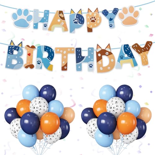 Yiran 21Stk Blue Dog Geburtstag Deko Mädchen Junge Mit Happy Birthday Girlande Geburtstag und 12 Zoll Paw Luftballons Geburtstag Weiße Blaue Orange Latex Balloons, Hund Paw Geburtstag Party Deko von Yiran