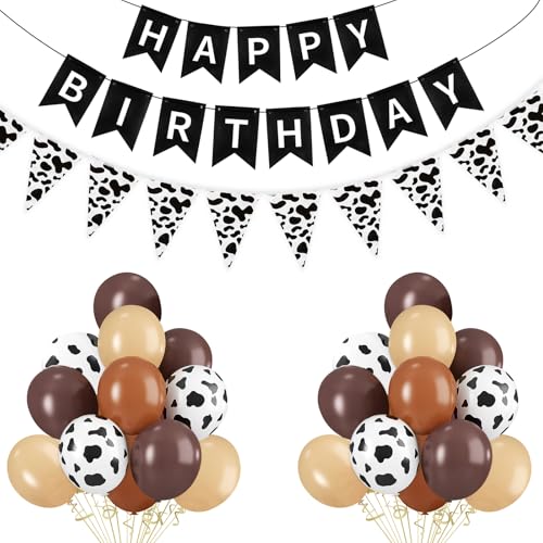 Yiran 22Stk Kuh Geburtstag Deko Mädchen Junge Mit Happy Birthday Girlande Geburtstag, Wimpelkette und 12 Zoll Kuh Luftballons Geburtstag Braun Latex Balloons, Cowboys Cowgirls Geburtstag Party Deko von Yiran