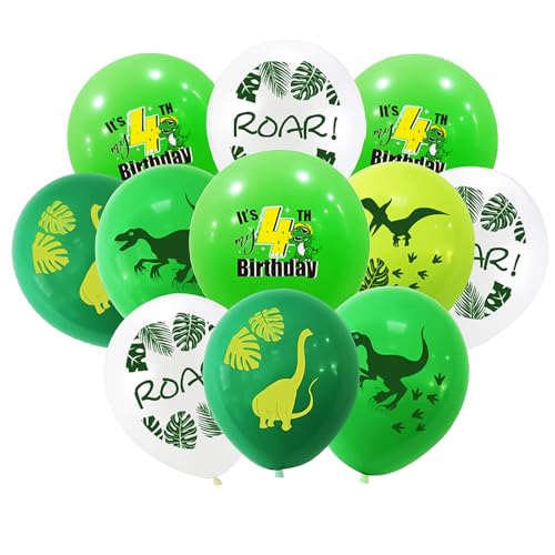 Yiran Dino Luftballons 4.Geburtstag Deko, 10pcs Dino Geburtstag Deko 4 Jahre Junge, 12 Zoll Dino Geburtstag Luftballons Weiß Grün mit “4th Birthday”, Deko Geburtstag Kindergeburtstag Party Supplies von Yiran