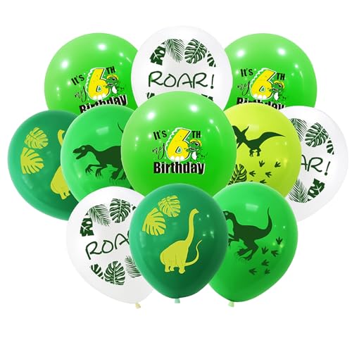 Yiran Dino Luftballons 6.Geburtstag Deko, 10pcs Dino Geburtstag Deko 6 Jahre Junge, 12 Zoll Dino Geburtstag Luftballons Weiß Grün mit “6th Birthday”, Deko Geburtstag Kindergeburtstag Party Supplies von Yiran