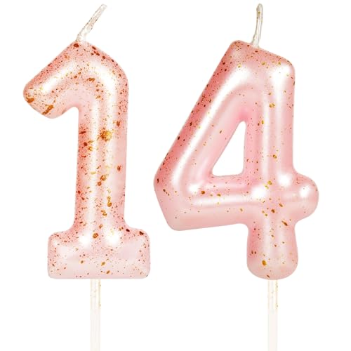 Yiran Geburtstag Zahl 14 Buchstabe Kerze, Rosa Gold Happy Birthday Kerzen 14 Alter für Kuchen Topper Geburtstagskerzen Dekoration für Baby Mädchen Geburtstag Partys Hochzeitstag (Rosa Gold 14) von Yiran