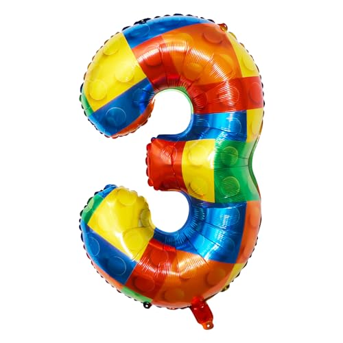 Yiran Luftballon 3. Baustein Zahl 3 Ballon 32 Zoll Zahlenballon für Geburtstag Party Dekorationen,Ziegel-Themen-Dekoration für Jungen, Mädchen Jahrestag Dekorationen von Yiran