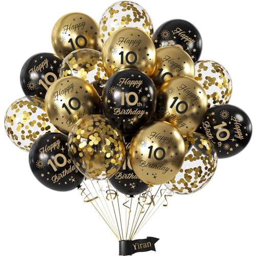 Yiran Luftballons 10.Geburtstag Deko,15 Stück 10.Geburtstag Junge Mädchen Schwarz Gold Deko, Happy Birthday Ballons Schwarz Gold Deko, Deko 10 Geburtstag Konfetti Luftballons, Birthday Party Deko von Yiran