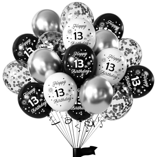 Yiran Luftballons 13 Geburtstag Junge Mädchen, 16 Stück Deko 13. Geburtstag Luftballons Schwarz Weiß Silber, 12 Zoll Happy Birthday Deko Balloons, Schwarz Luftballons 13. Geburtstag Party Deko von Yiran