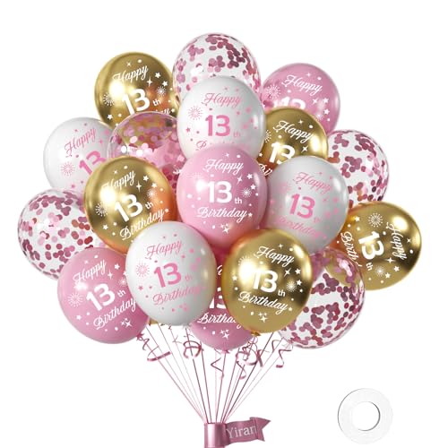 Yiran Luftballons 13 Jahre Geburtstag Deko, 16 Stück Geburtstag Deko 13 Jahre Mädchen, Happy Birthday Deko Luftballon Weiß Rose Gold, Deko 13 Geburtstag Konfetti Luftballons, Birthday Party Deko von Yiran