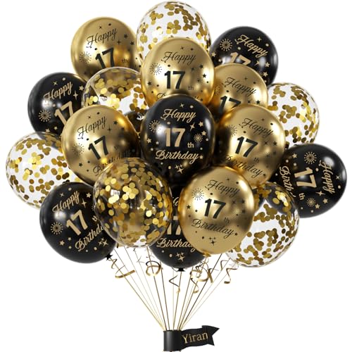 Yiran Luftballons 17.Geburtstag Deko,15 Stück 17.Geburtstag Junge Mädchen Schwarz Gold Deko, Happy Birthday Ballons Schwarz Gold Deko, Deko 17 Geburtstag Konfetti Luftballons, Birthday Party Deko von Yiran