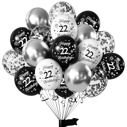 Yiran Luftballons 22 Geburtstag Frauen Mann, 16 Stück Deko 22. Geburtstag Luftballons Schwarz Weiß Silber, 12 Zoll Happy Birthday Deko Balloons, Schwarz Luftballons 22. Geburtstag Party Deko von Yiran