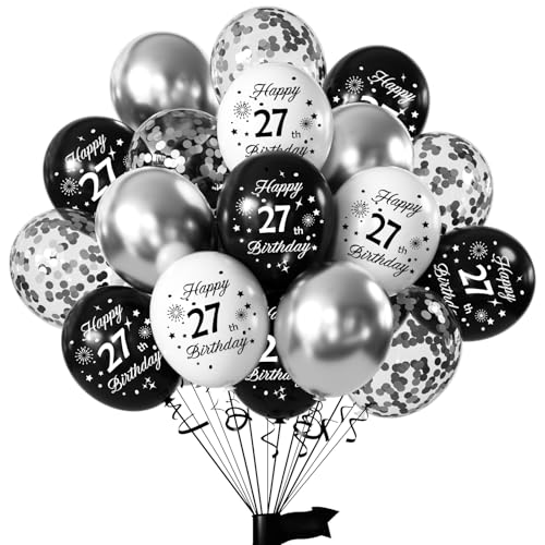 Yiran Luftballons 27 Geburtstag Frauen Mann, 16 Stück Deko 27. Geburtstag Luftballons Schwarz Weiß Silber, 12 Zoll Happy Birthday Deko Balloons, Schwarz Luftballons 27. Geburtstag Party Deko von Yiran