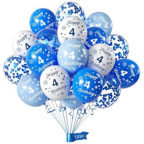 Yiran Luftballons 4 Jahre Geburtstag Deko, 16 Stück Geburtstag Deko 4 Jahre Junge, Happy Birthday Deko Geburtstag Luftballon Blau Weiß, Deko 4. Geburtstag Konfetti Luftballons Blau Birthday Party Deko von Yiran