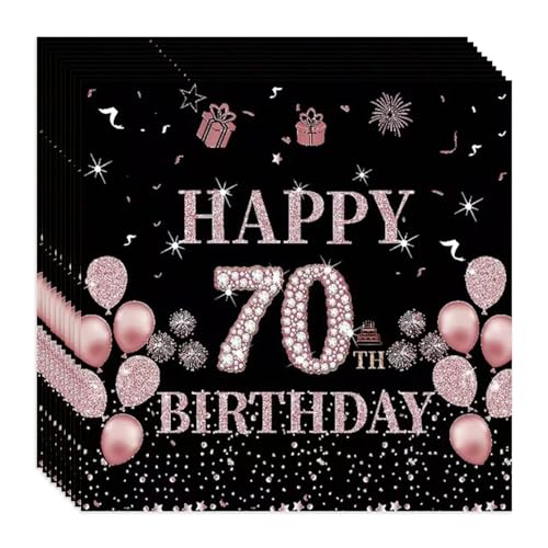 Yiran Servietten "Happy 70th Birthday", Schwarz, Roségold, 20 Stück Party-Servietten, 70. Geburtstag, Papiertücher für Frauen, 70. Geburtstag, Partyzubehör, Tischdekoration von Yiran