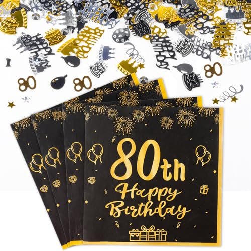 Yiran Tischdeko 80. Geburtstag Mädchen Junge Enthält 20 Stk Servietten 80 Geburtstag und 5g Konfetti Geburtstag Deko, 80 Geburtstag Deko Schwarz Gold Happy Birthday Party Supplies Tischdekoration von Yiran