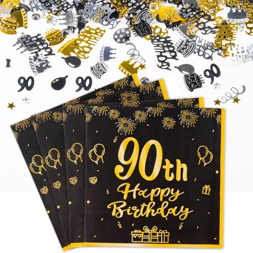 Yiran Tischdeko 90. Geburtstag Mädchen Junge Enthält 20 Stk Servietten 90 Geburtstag und 5g Konfetti Geburtstag Deko, 90 Geburtstag Deko Schwarz Gold Happy Birthday Party Supplies Tischdekoration von Yiran