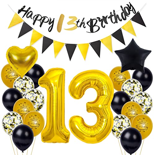 13 Geburtstag Deko, 13. Geburtstag Junge Mädchen, 13 Jahr Geburtstagdeko, Happy Birthday Girlande 13. Ballon Schwarz Gold Deko, Deko 13. Geburtstag Konfetti Luftballons 13. Geburtstagdeko von Yishamei