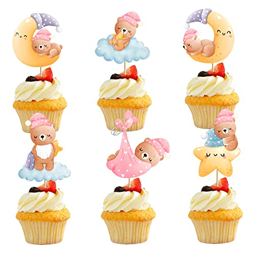 36 Stück Süße Baby Bär Cupcake Topper, Rosa Baby Cupcake Toppers, Mädchen Baby Tortendeko Baby Shower Cupcake Topper Kuchen Cupcake Dekorationen Muffin Deko Babyparty Kuchen Deko von Yishamei