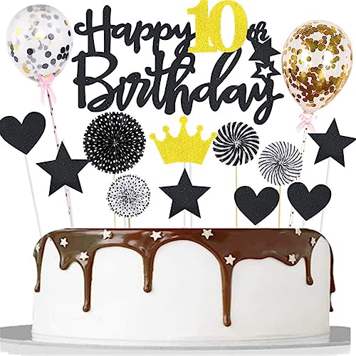 Happy 10th Birthday Tortendeko 10. Geburtstag Mädchen Jungen Kuchendeko Schwarz Gold 10 Jahre Kuchen Topper Cake Topper 10. Geburtstag 10. Geburtstagstorte Topper Tortendeko Geburtstag 10 Jahre von Yishamei