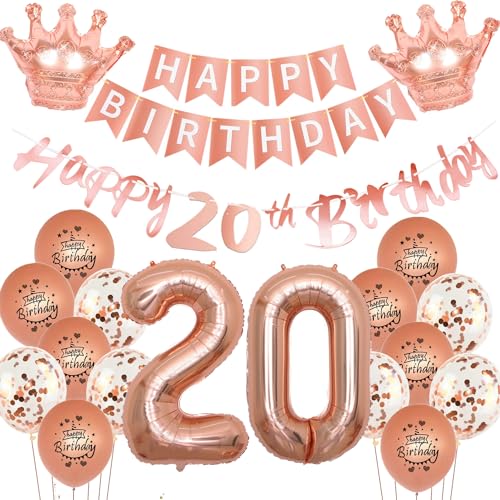 Rosegold Luftballon 20. Geburtstag deko Frauen Rosegold Folienballon 20 jahre Geburtstag dekoration Happy 20th Birthday Girlande deko Frau RoseGold Geburtstagsdeko 20 deko geburtstag 20 jahre Frauen von Yishamei