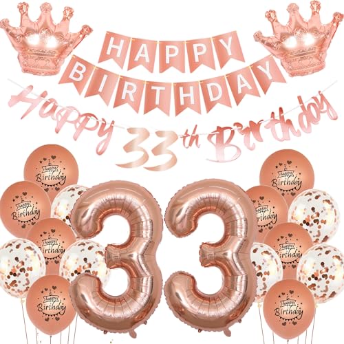 Rosegold Luftballon 33. Geburtstag deko Frauen Rosegold Folienballon 33 jahre Geburtstag dekoration Happy 33th Birthday Girlande deko Frau RoseGold Geburtstagsdeko 33 deko geburtstag 33 jahre Frauen von Yishamei