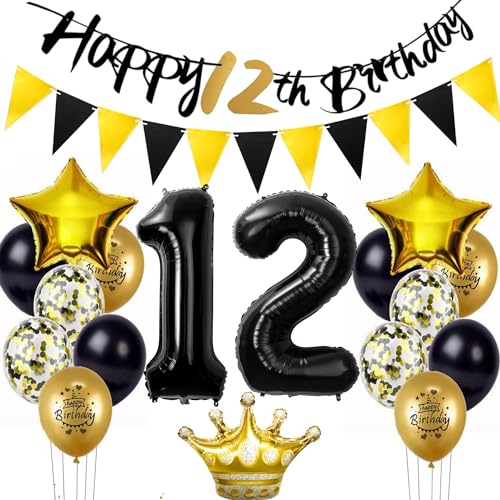 Luftballon 12.Geburtstag Dekoration Schwarz/gold,Geburtstagsdeko 12 Jahre Junge Mädchen 12 Geburtstag Deko Ballon 12 Geburtstag Junge Mädchen Happy 12th Birthday banner Deko 12 Geburtstag Junge von Yishamei