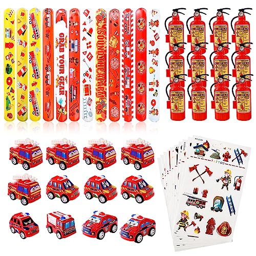 46PCS Feuerwehr Mitgebsel, Feuerwehrmann Sam Kindergeburtstag Mitgebsel enthält 12 Slap Armbänder, 12 Feuerlöscher-Spielzeug, 12 Feuerwehrauto Spielzeug, 10 Tattoo-Aufkleber, für Feuerwehrmann Deko von Yisscen