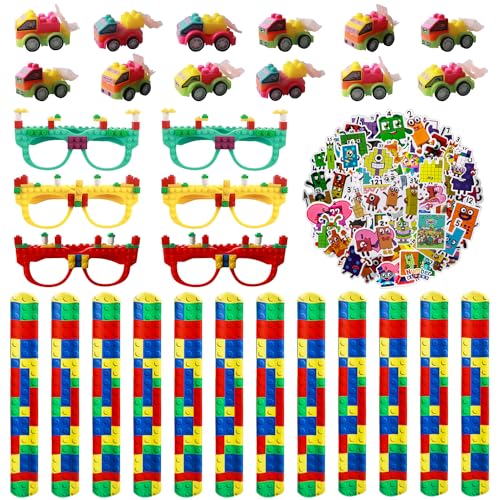 82PCS Bauklötze Party Mitgebsel, Geburtstag Mitgebsel, Bauklötze Brille Bauklötze Spielzeugauto Schnapparmband Aufkleber, für DIY Blöcken Themen Party Geschenk für Kindergeburtstag von Yisscen