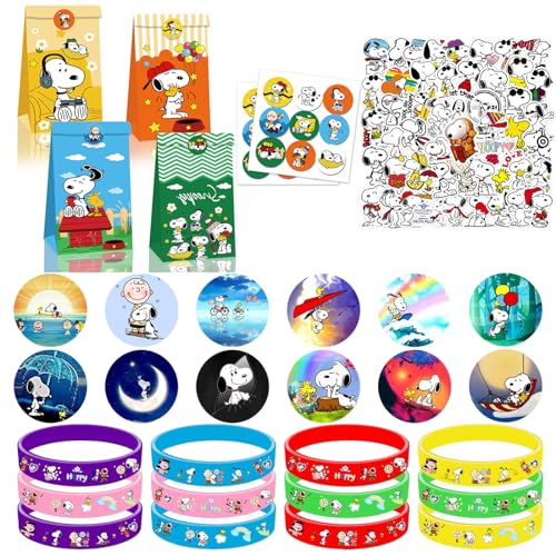 86PCS Snoopy Geburtstag Mitgebsel Kinder - 12 Snoopy Silikonarmband, 12 Snoopy Abzeichen, 12 Snoopy Geschenktüte, 50 Snoopy Aufkleber, für Kindergeburtstag Mitgebsel von Yisscen