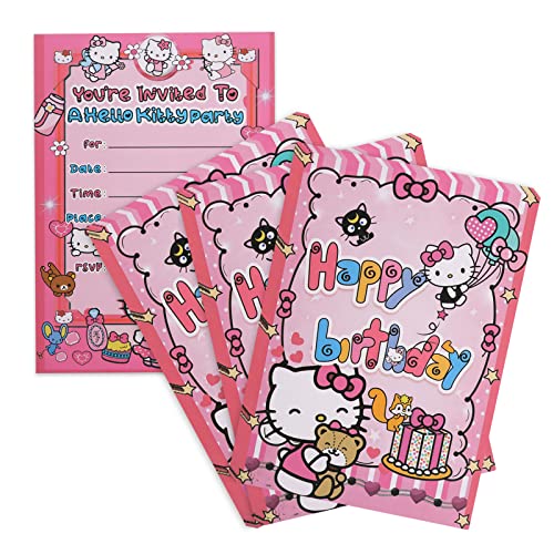 Hello Ki-tty Kinder Einladungskarten, 30 Stück Einladungen Kindergeburtstag, Party Einladungskarten Set, Hello Kitty Party Supplies, Mädchen Jungs Geburtstag Einladungskarte, Kindergeburtstag Deko von Yisscen