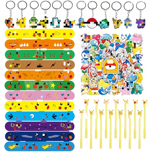 Yisscen 86 Stück Cartoon Party Mitgebsel Set, 12 Slap Armbänder + 12 Anime Schlüsselanhänger + 12 Gel-Tintenstifte + 50 Kinder Aufkleber, Kinder Geburtstag Party Geschenk Für Mädchen Jungen von Yisscen