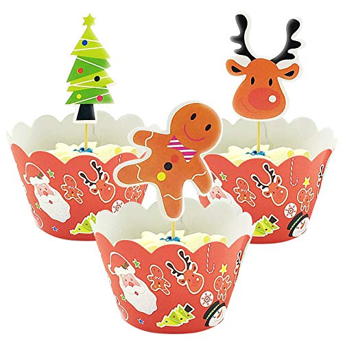 Yisscen Weihnachts Cupcake-Geschenkpapier 48 Stücke Muffins Dessert Dekoration Verpackung Topper Weihnachtsbaum, Elch, Lebkuchen, Christmas Funny Cupcake Topper Set für Kinder Party Dekorationen von Yisscen