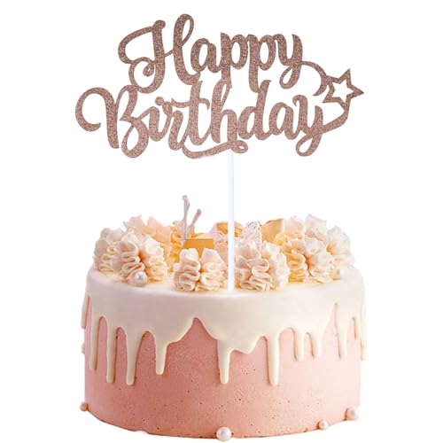 Roségoldene Happy Birthday Kuchendekoration, kleines Glitzer-Happy Birthday-Schild mit Stick und Klebepunkt, niedliche Happy Birthday Picks Cheers Dekorationen für Party, Mädchen, Männer, Frauen, von Yitexin