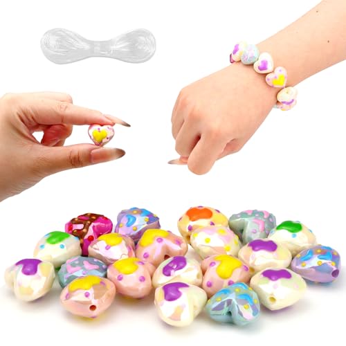 Yitexin 20 Stück leuchtende Perlen für Stifte mit Schnur, bemalte Herzperlen zur Schmuckherstellung, bunte Bonbonperlen, zufällige niedliche Acrylperlen für Armbänder, Schlüsselanhänger, 16 mm von Yitexin