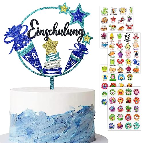 Einschulung Mädchen Kuchendeko Einschulung Tortendeko+Aufkleber Glitzernd Rosa Schulanfang Zuckertüte Mädchen Cake Topper Endlich Schulkind deko Einschulung Mädchen (Blau A) von Yitla